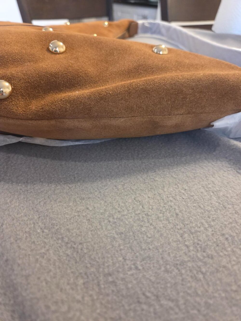 NWT The Essential Curve Shoulder Bag (Studed Suede/Dried Acorn) - Picture 15 of 15